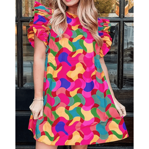 Clementina Abstract Print Ruffle Sleeve Shift Dress