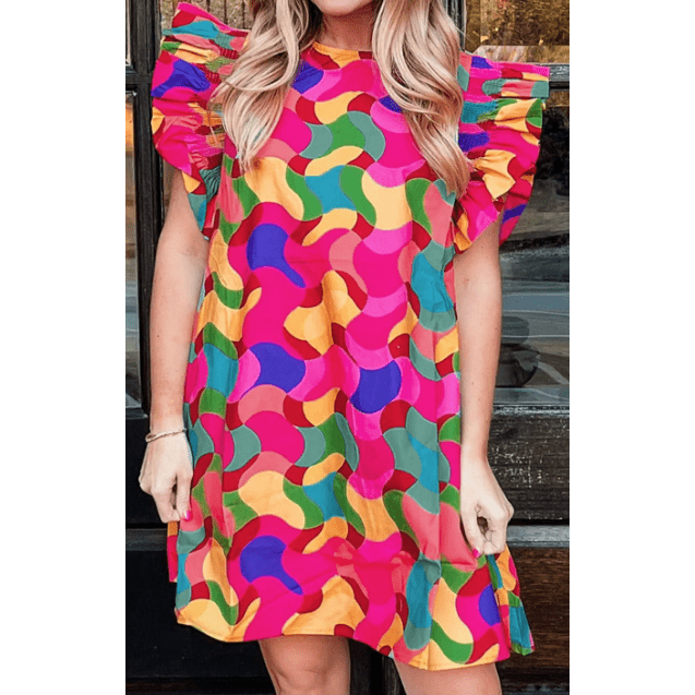 Clementina Abstract Print Ruffle Sleeve Shift Dress