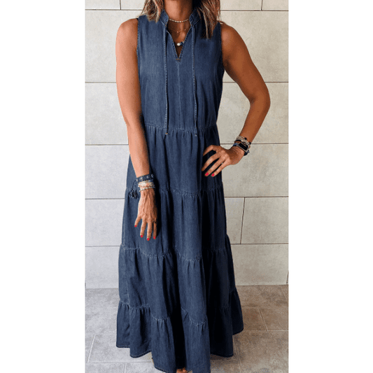 Keva Dark Blue Sleeveless Tiered Chambray Maxi Dress