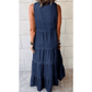 Keva Dark Blue Sleeveless Tiered Chambray Maxi Dress