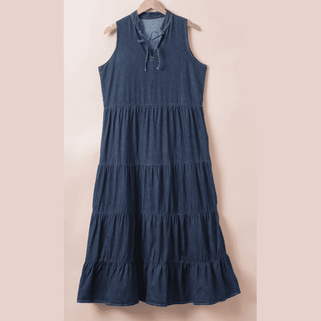 Keva Dark Blue Sleeveless Tiered Chambray Maxi Dress