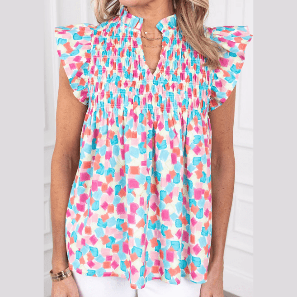 Rosella Sky Blue Shirred Yoke Ruffled Abstract Printed Blouse