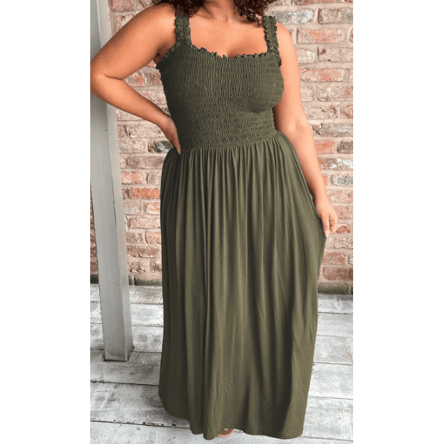 Kardy Jungle Green Shirred Bust Sleeveless PLUS SIZE Maxi Dress