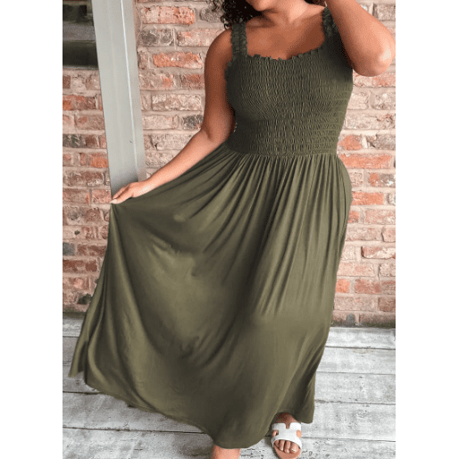 Kardy Jungle Green Shirred Bust Sleeveless PLUS SIZE Maxi Dress