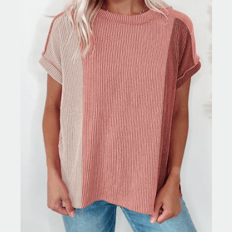 Carli Mauve Textured Colorblock Crew Neck T Shirt