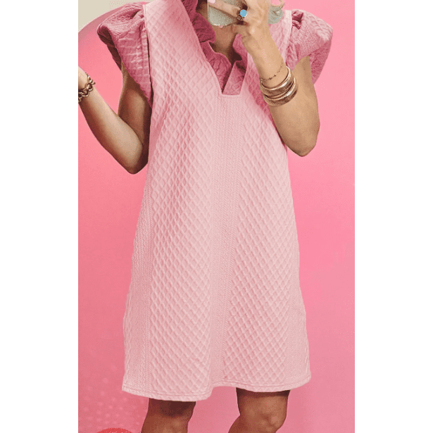 Stephie Light Pink Textured Puff Sleeve Ruffled V Neck Shift Mini Dress