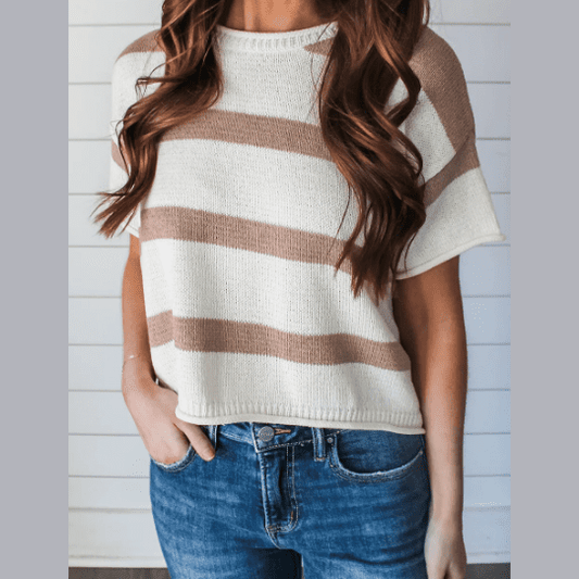 Dellah Khaki Stripe Dropped Short Sleeve Lightweight Knitted Top