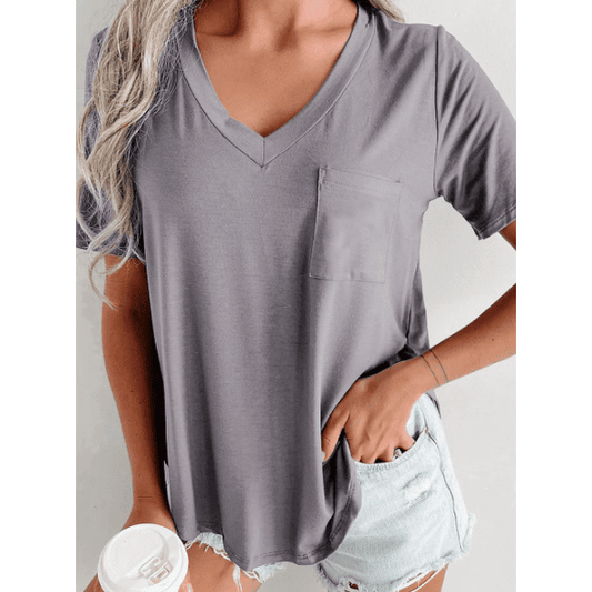 Jeyma Grey V Neck Pocketed Rounded Hem Tee