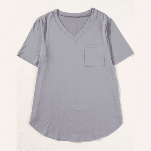 Jeyma Grey V Neck Pocketed Rounded Hem Tee