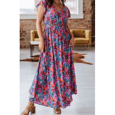 Leia Blue Floral Print V Neck Wrap Split Maxi Dress