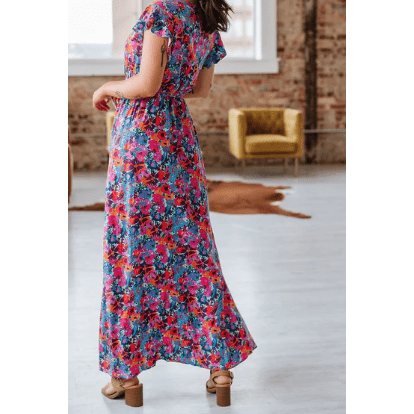 Leia Blue Floral Print V Neck Wrap Split Maxi Dress