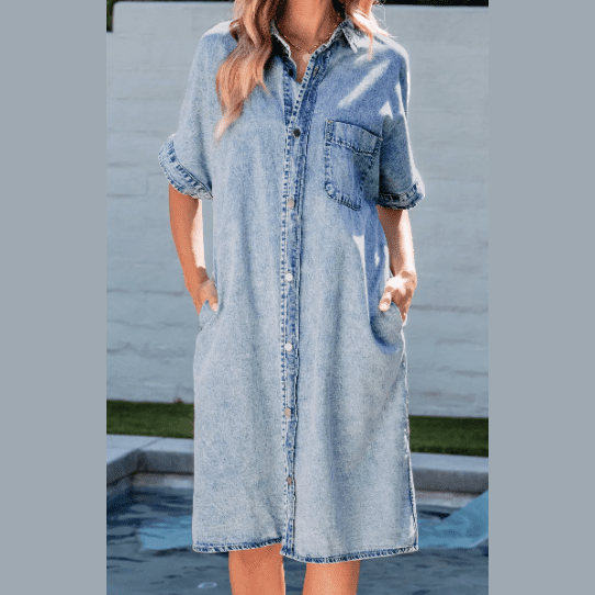 Mabli Light Blue Loose Medium Wash Short Sleeve Shirt Chambray Dress