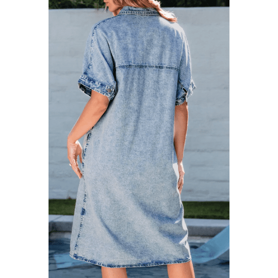 Mabli Light Blue Loose Medium Wash Short Sleeve Shirt Chambray Dress