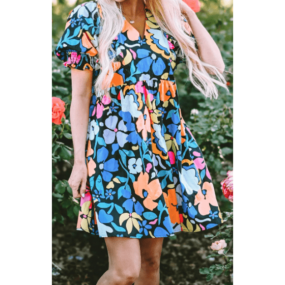 Amia Blue Collared Split Neck Floral Flared Dress