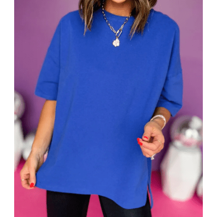 Mary Kate Dark Blue Longline Short Sleeve Side Slit Drop Shoulder Top