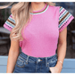 REDUCED!!!  Blanca Bright Pink Contrast Printed Cap Sleeves Crewneck Sweater  REDUCED!!!