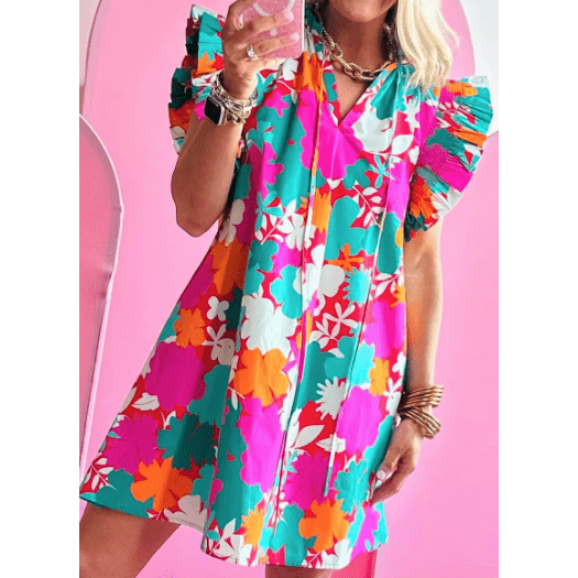 Cher Multicolour Floral Tie Split Neck Flutter Sleeve Mini Dress