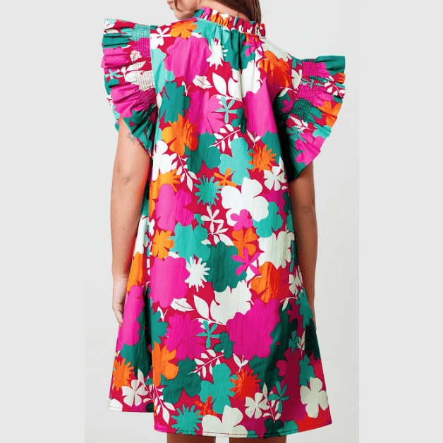 Cher Multicolour Floral Tie Split Neck Flutter Sleeve Mini Dress