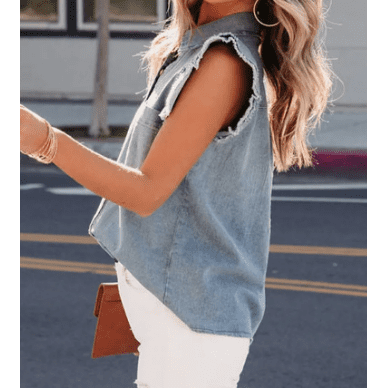 Miree Beau Blue Frayed Ruffle Sleeve Denim Shirt