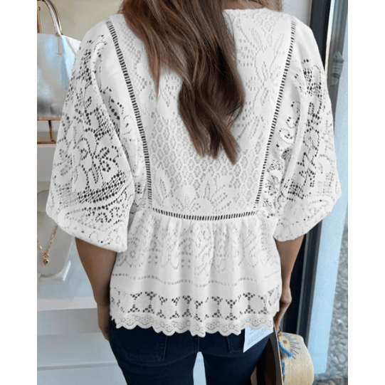 Lisabella White Lace Crochet Hollowed Scallop Hem V Neck Blouse