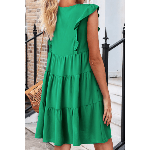 Jen Bright Green Solid Color V Neck Ruffle Tiered Mini Dress