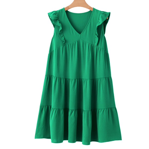 Jen Bright Green Solid Color V Neck Ruffle Tiered Mini Dress