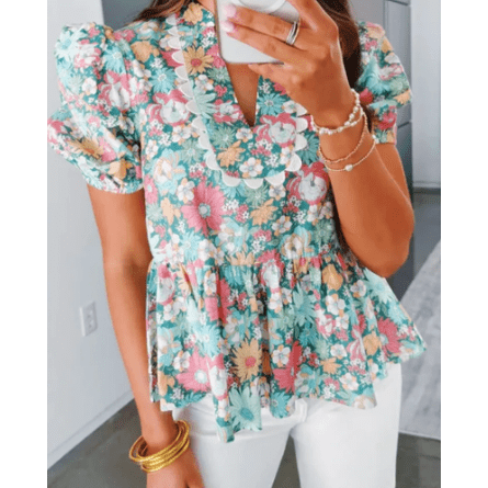 Chyna Multicolour Notched Neck Puff Short Sleeve Floral Blouse