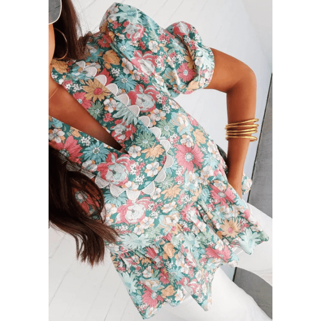 Chyna Multicolour Notched Neck Puff Short Sleeve Floral Blouse
