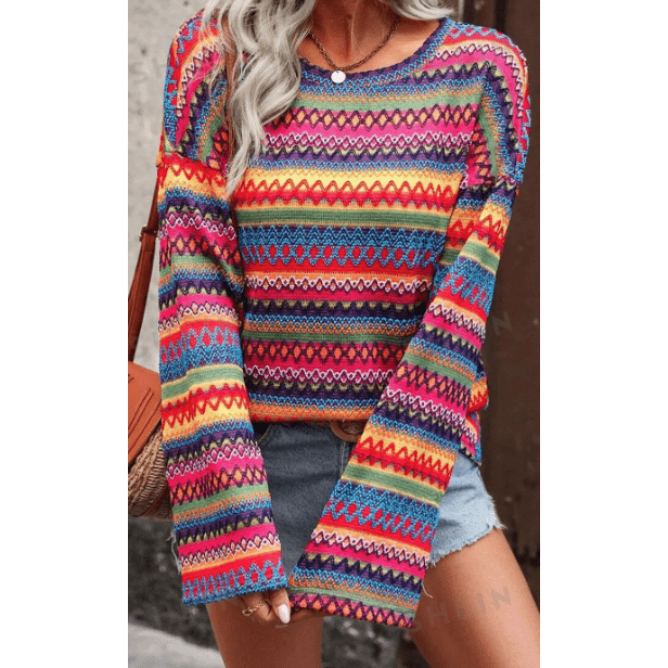 Madonna Multicolor Jacquard Geo Long Sleeve - S to 3X