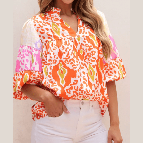 Larkin Orange Leopard Colorblock Puff Sleeve Split Neck Blouse