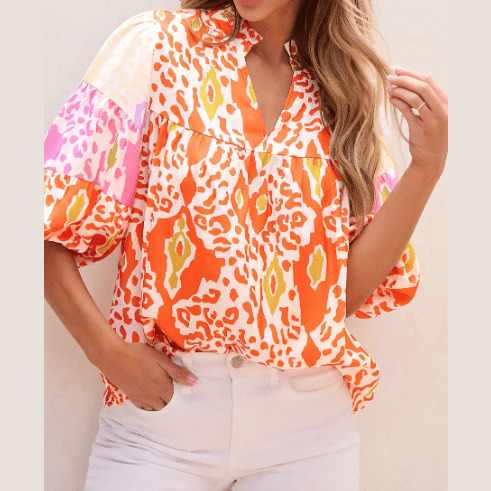 Larkin Orange Leopard Colorblock Puff Sleeve Split Neck Blouse