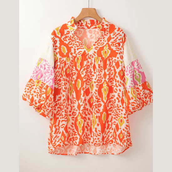 Larkin Orange Leopard Colorblock Puff Sleeve Split Neck Blouse