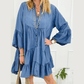 Aliza Sky Blue Chambray Ruffled 3/4 Sleeve Tiered Split V Neck Mini Dress