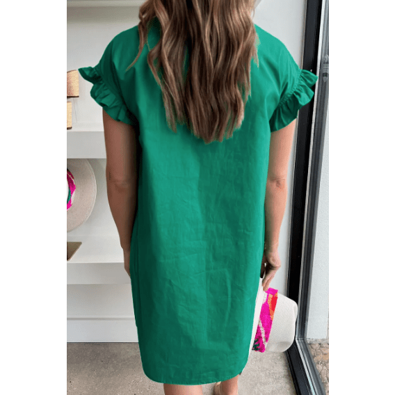 Keagan Bright Green Shirred Ruffle Sleeve Button Up Short Dress