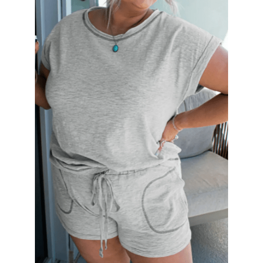 Barb Grey Contrast Stitched Cuffed Sleeve PLUS SIZE Shorts Set