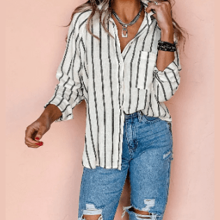 Cherry Black Stripe Chest Pocket Buttoned Oversized Shirt