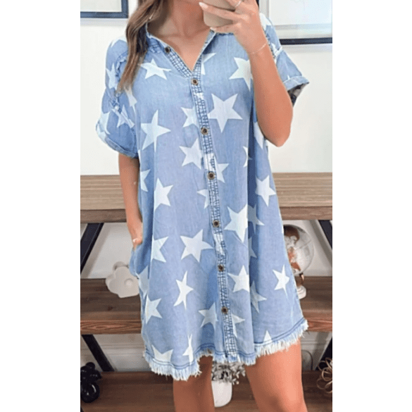 Clorinda Sky Blue Stars Frayed Hem Collared Short Sleeve Denim Dress