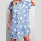 Clorinda Sky Blue Stars Frayed Hem Collared Short Sleeve Denim Dress