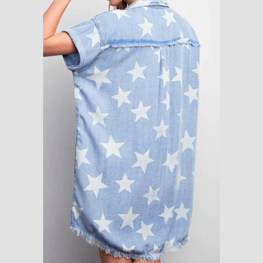 Clorinda Sky Blue Stars Frayed Hem Collared Short Sleeve Denim Dress