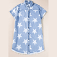 Clorinda Sky Blue Stars Frayed Hem Collared Short Sleeve Denim Dress