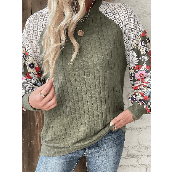 Jessenia Laurel Green Floral Patchwork Long Sleeve Ribbed Blouse * S-3X