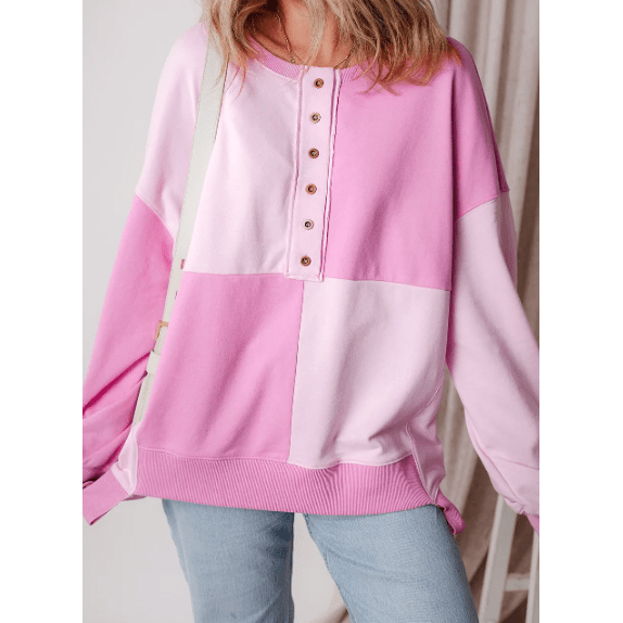 Ryder Pink Colorblock Henley High Low Oversize Sweatshirt