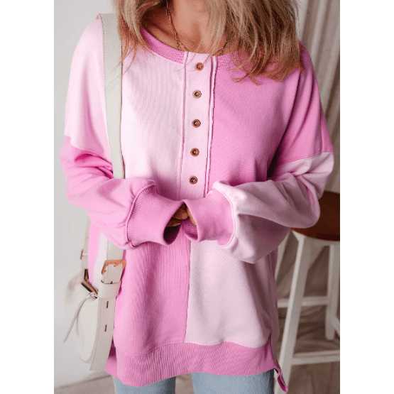 Ryder Pink Colorblock Henley High Low Oversize Sweatshirt