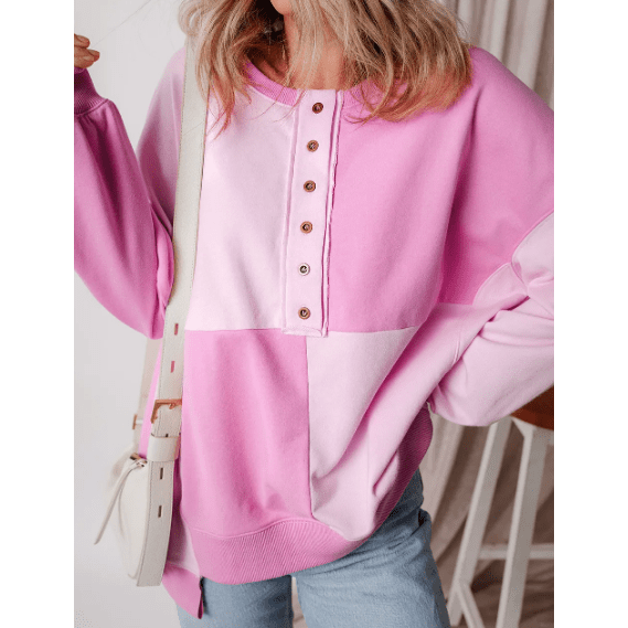 Ryder Pink Colorblock Henley High Low Oversize Sweatshirt