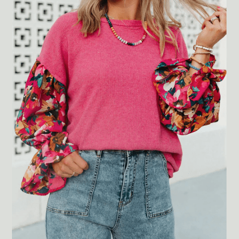 Geraldine Sachet Pink Flower Patchwork Ruffled Sleeve Ribbed Knit Drop Shoulder Top - S to 4X