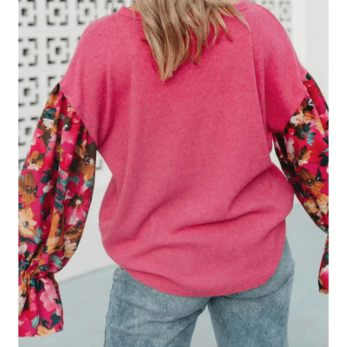 Geraldine Sachet Pink Flower Patchwork Ruffled Sleeve Ribbed Knit Drop Shoulder Top - S to 4X