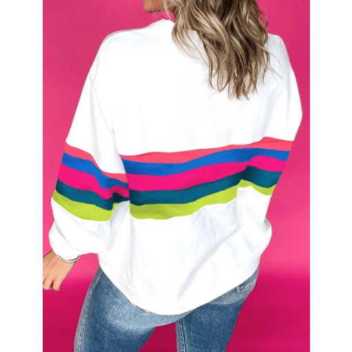 Brisa White Colorful Striped Accent Long Sleeve T Shirt