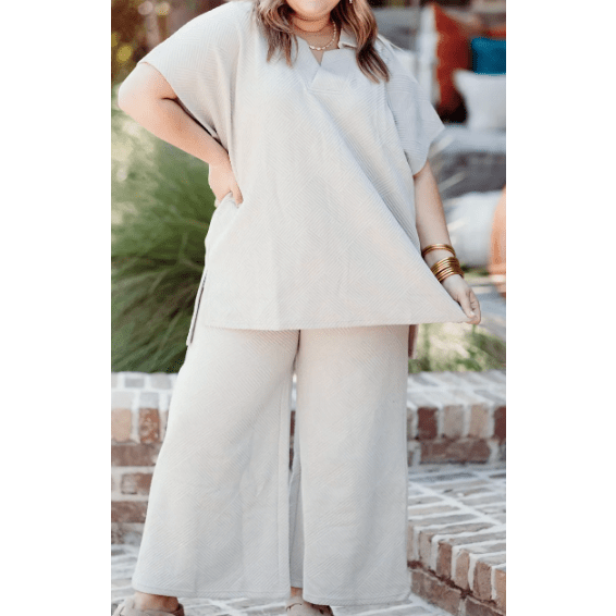 Jovi Beige PLUS SIZE Textured Collared Top and Pants Set