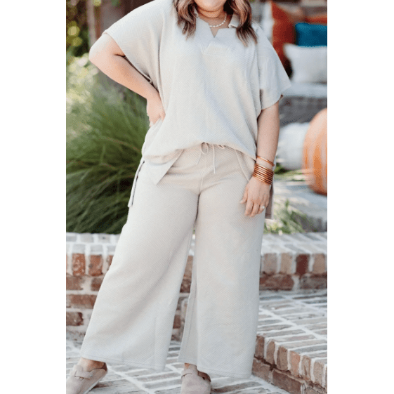 Jovi Beige PLUS SIZE Textured Collared Top and Pants Set