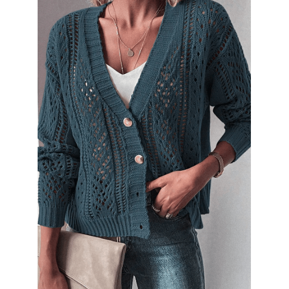 Tyra Real Teal Open Knit Drop Shoulder Sweater Cardigan